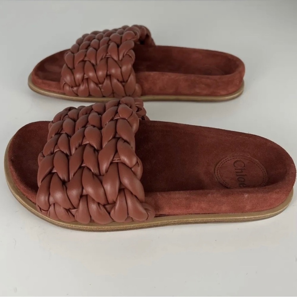 CHLOE RED BRAIDED LEATHER SLIDES - Picture 8 of 13